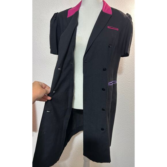 Vintage 80s 90s Button Front Dress Size M Black Stewardess Pockets Shoulder Pads - Picture 5 of 11